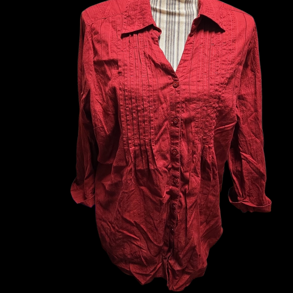 CJ Banks Red Pleated Button Down Shirt